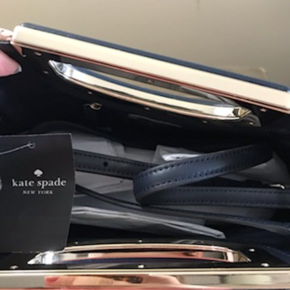 KATE SPADE NWT Gingham Woven Straw Clutch/Crossbody in Navy Blue & Ivory Alexia - Picture 14 of 16